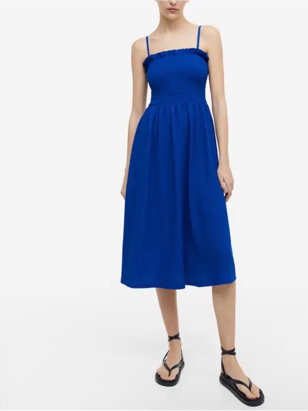 H&M Blue Smocked Summer Midi Dress Square Neck Fairy Resort Large Cottagecore